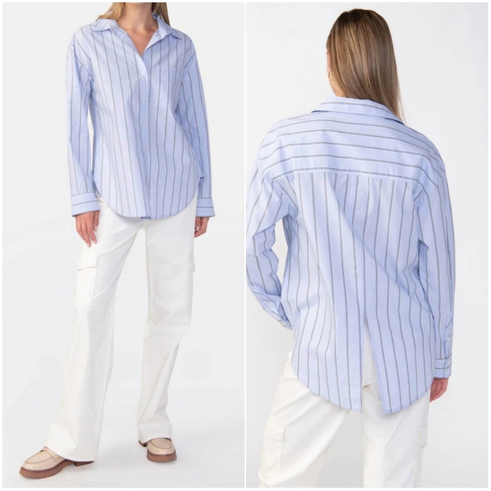Sanctuary Slit Back Tunic Blouse in Angel Blue Stripe